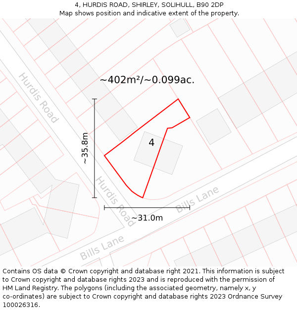 4, HURDIS ROAD, SHIRLEY, SOLIHULL, B90 2DP: Plot and title map