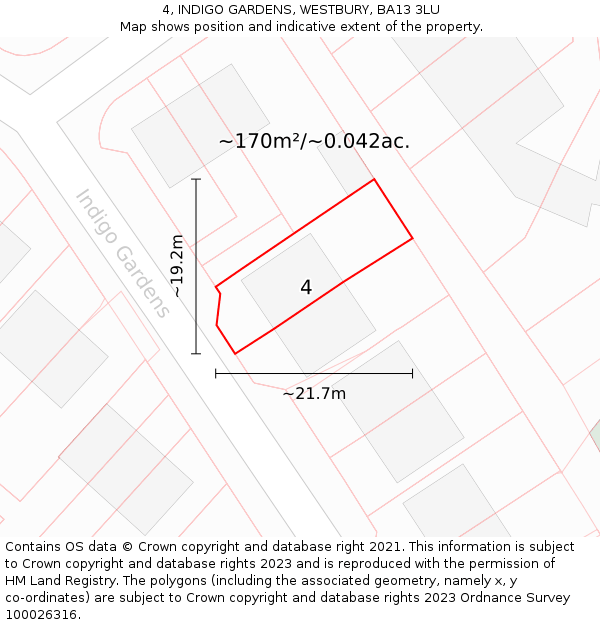 4, INDIGO GARDENS, WESTBURY, BA13 3LU: Plot and title map