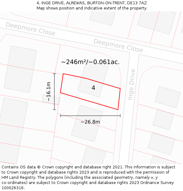 4, INGE DRIVE, ALREWAS, BURTON-ON-TRENT, DE13 7AZ: Plot and title map