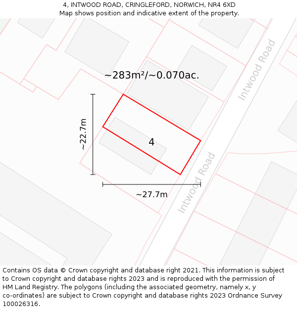 4, INTWOOD ROAD, CRINGLEFORD, NORWICH, NR4 6XD: Plot and title map