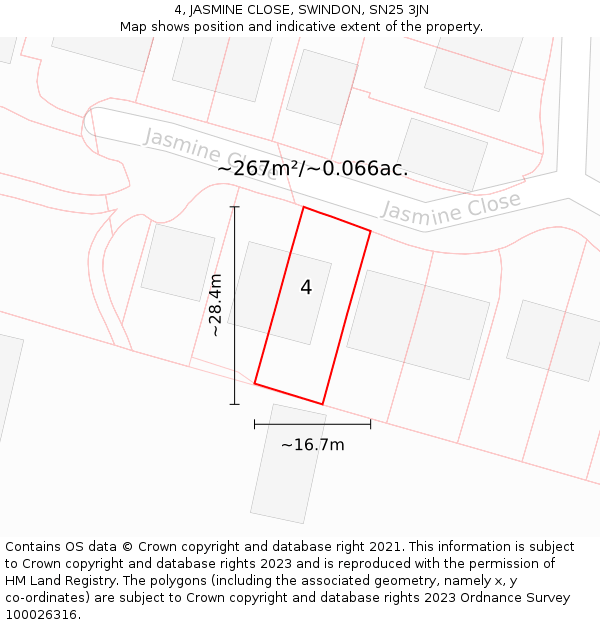 4, JASMINE CLOSE, SWINDON, SN25 3JN: Plot and title map