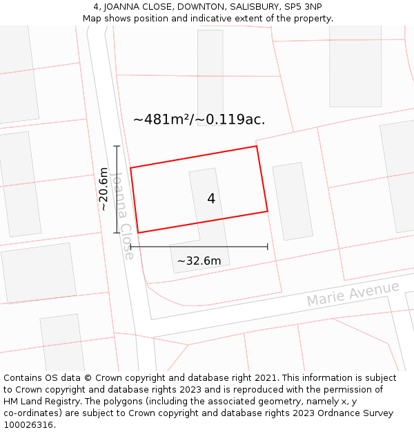 4, JOANNA CLOSE, DOWNTON, SALISBURY, SP5 3NP: Plot and title map