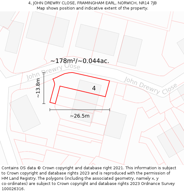 4, JOHN DREWRY CLOSE, FRAMINGHAM EARL, NORWICH, NR14 7JB: Plot and title map