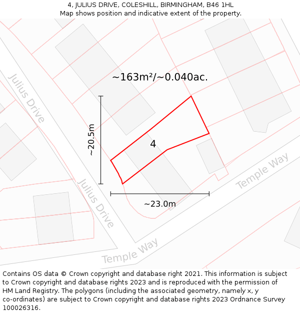 4, JULIUS DRIVE, COLESHILL, BIRMINGHAM, B46 1HL: Plot and title map