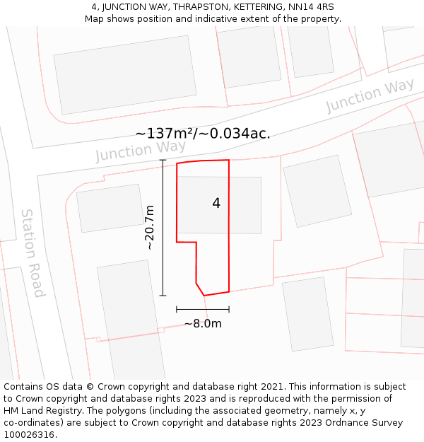 4, JUNCTION WAY, THRAPSTON, KETTERING, NN14 4RS: Plot and title map