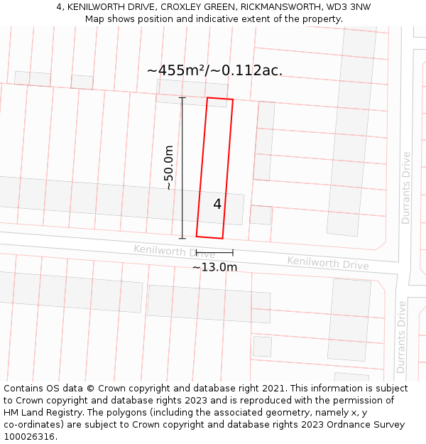 4, KENILWORTH DRIVE, CROXLEY GREEN, RICKMANSWORTH, WD3 3NW: Plot and title map