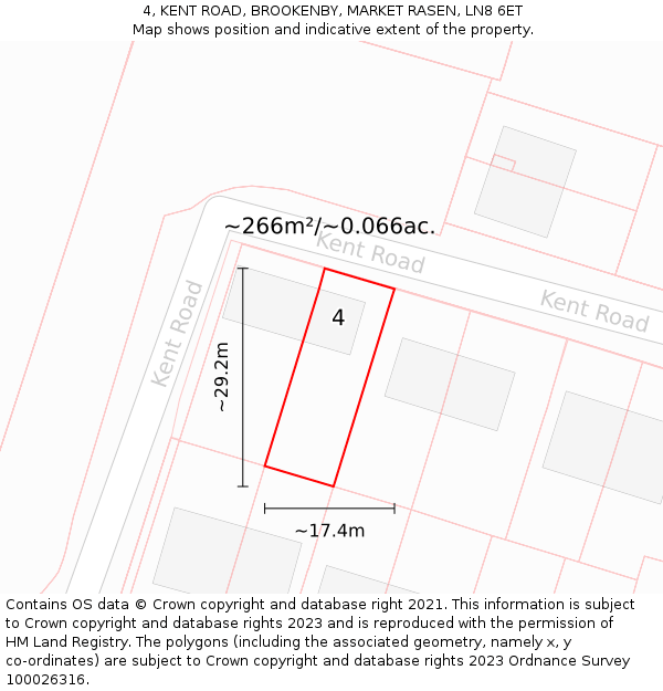 4, KENT ROAD, BROOKENBY, MARKET RASEN, LN8 6ET: Plot and title map