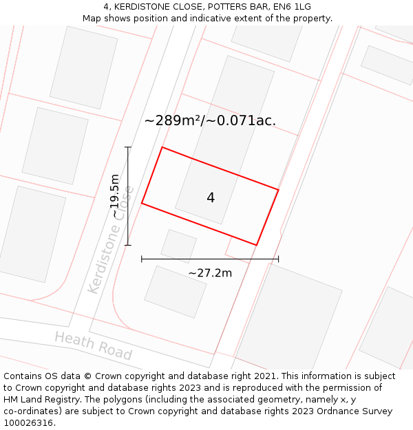 4, KERDISTONE CLOSE, POTTERS BAR, EN6 1LG: Plot and title map