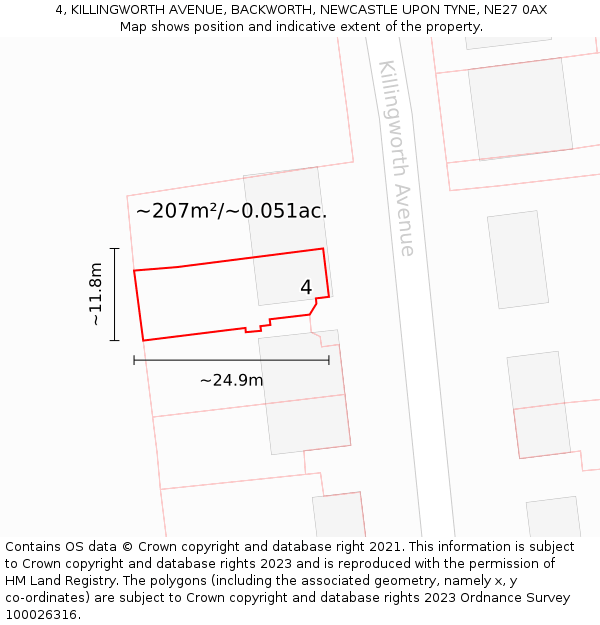 4, KILLINGWORTH AVENUE, BACKWORTH, NEWCASTLE UPON TYNE, NE27 0AX: Plot and title map