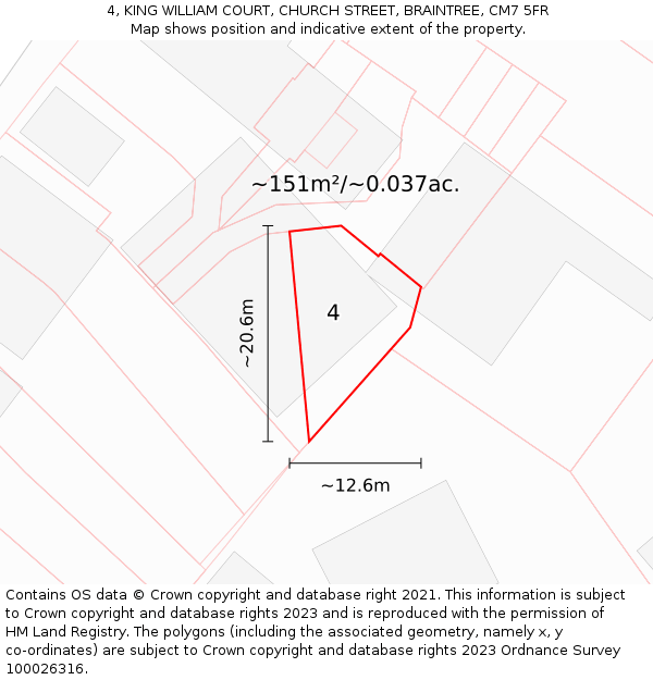4, KING WILLIAM COURT, CHURCH STREET, BRAINTREE, CM7 5FR: Plot and title map