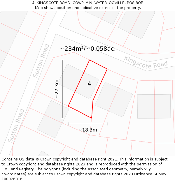 4, KINGSCOTE ROAD, COWPLAIN, WATERLOOVILLE, PO8 8QB: Plot and title map