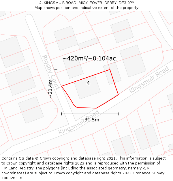 4, KINGSMUIR ROAD, MICKLEOVER, DERBY, DE3 0PY: Plot and title map