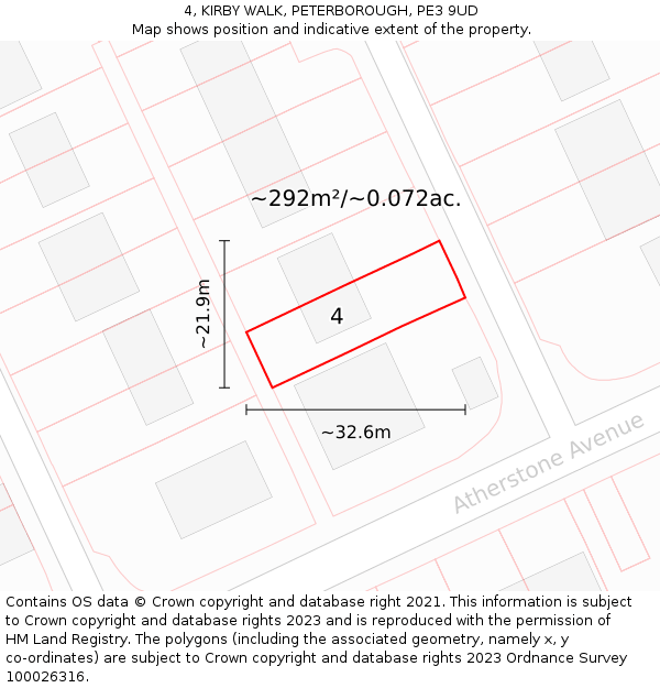 4, KIRBY WALK, PETERBOROUGH, PE3 9UD: Plot and title map