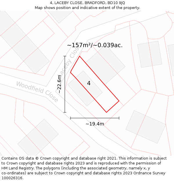 4, LACEBY CLOSE, BRADFORD, BD10 9JQ: Plot and title map