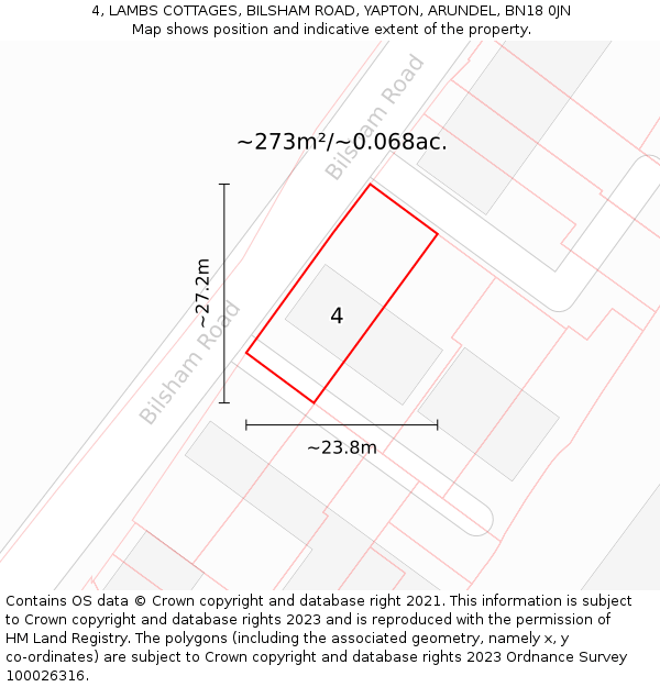 4, LAMBS COTTAGES, BILSHAM ROAD, YAPTON, ARUNDEL, BN18 0JN: Plot and title map