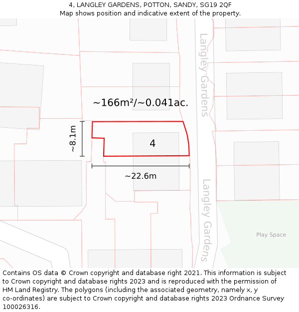 4, LANGLEY GARDENS, POTTON, SANDY, SG19 2QF: Plot and title map