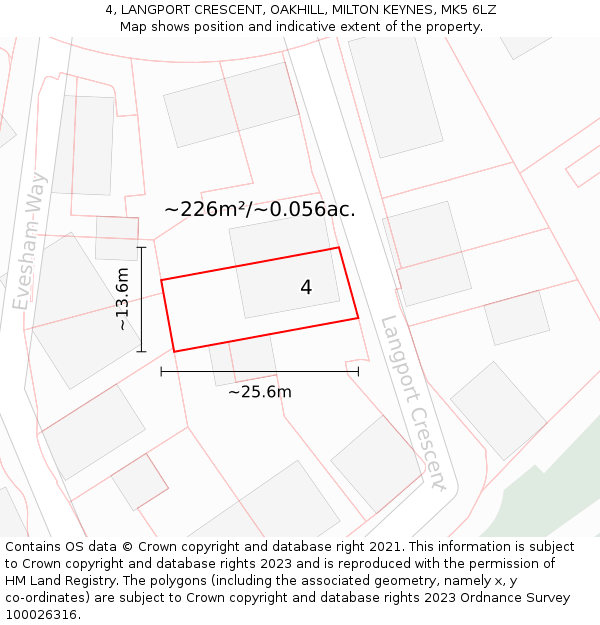 4, LANGPORT CRESCENT, OAKHILL, MILTON KEYNES, MK5 6LZ: Plot and title map