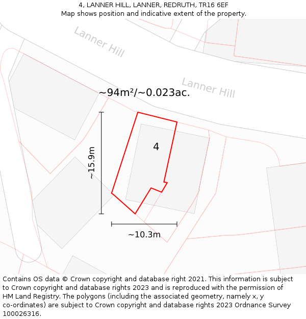 4, LANNER HILL, LANNER, REDRUTH, TR16 6EF: Plot and title map