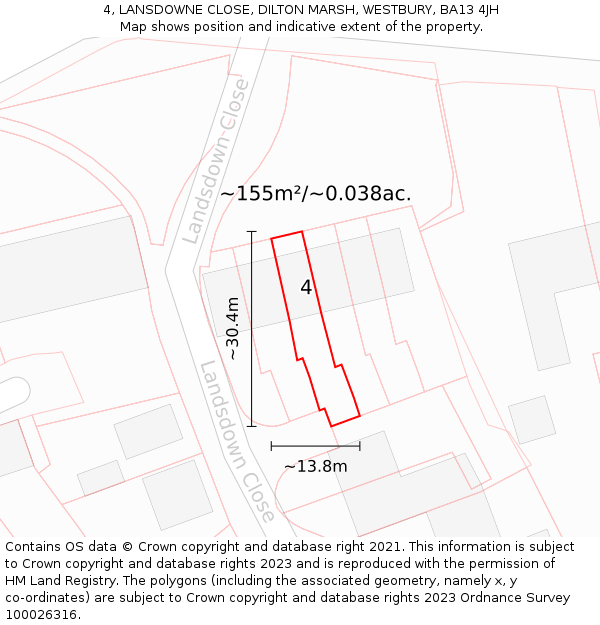 4, LANSDOWNE CLOSE, DILTON MARSH, WESTBURY, BA13 4JH: Plot and title map