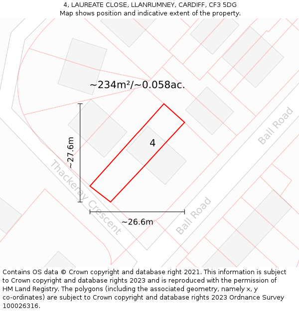 4, LAUREATE CLOSE, LLANRUMNEY, CARDIFF, CF3 5DG: Plot and title map