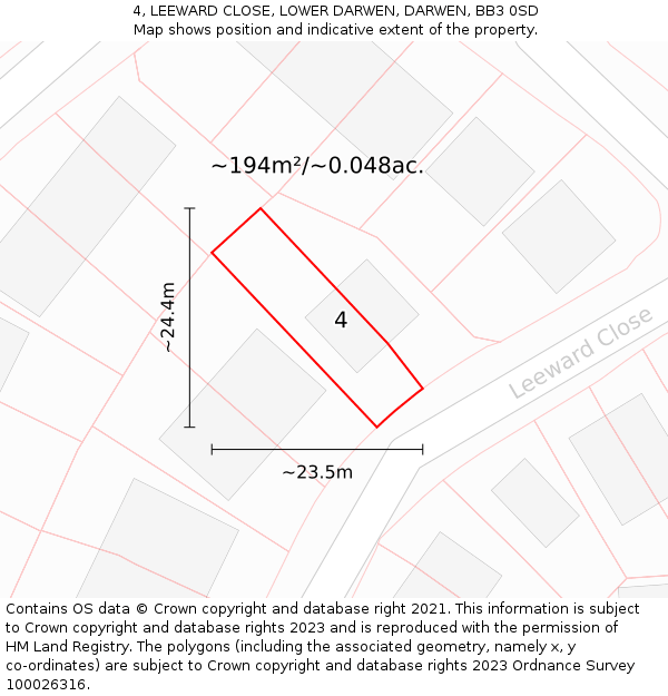 4, LEEWARD CLOSE, LOWER DARWEN, DARWEN, BB3 0SD: Plot and title map