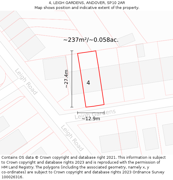 4, LEIGH GARDENS, ANDOVER, SP10 2AR: Plot and title map