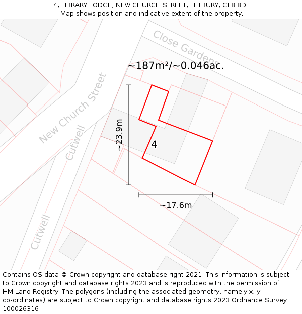 4, LIBRARY LODGE, NEW CHURCH STREET, TETBURY, GL8 8DT: Plot and title map