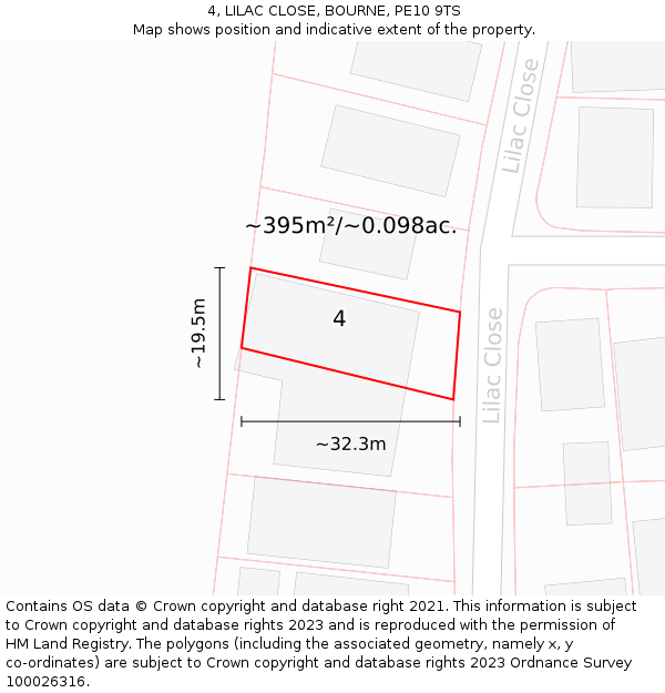 4, LILAC CLOSE, BOURNE, PE10 9TS: Plot and title map