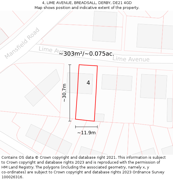 4, LIME AVENUE, BREADSALL, DERBY, DE21 4GD: Plot and title map