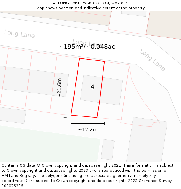 4, LONG LANE, WARRINGTON, WA2 8PS: Plot and title map