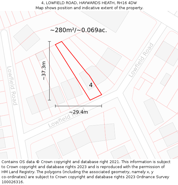 4, LOWFIELD ROAD, HAYWARDS HEATH, RH16 4DW: Plot and title map