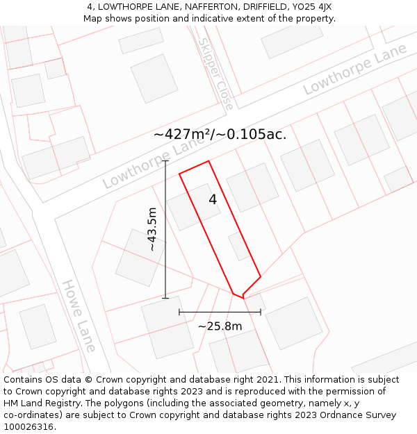 4, LOWTHORPE LANE, NAFFERTON, DRIFFIELD, YO25 4JX: Plot and title map