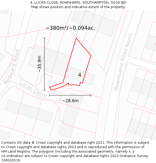 4, LUCAS CLOSE, ROWNHAMS, SOUTHAMPTON, SO16 8JD: Plot and title map