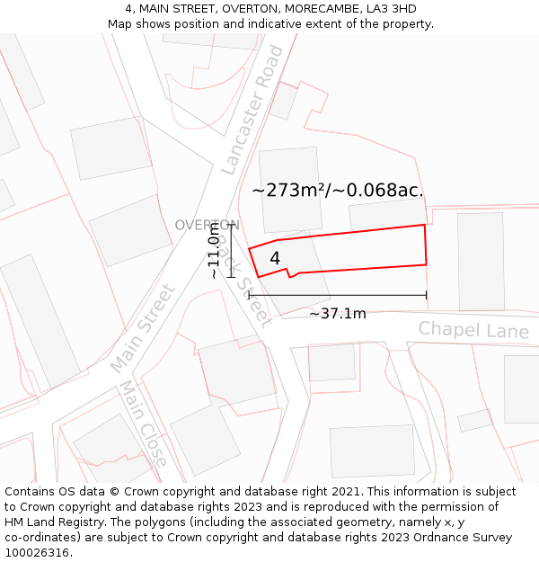 4, MAIN STREET, OVERTON, MORECAMBE, LA3 3HD: Plot and title map