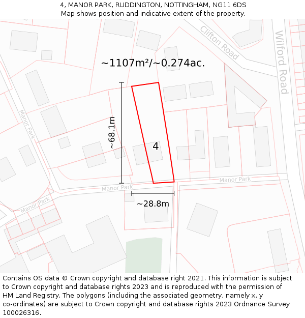 4, MANOR PARK, RUDDINGTON, NOTTINGHAM, NG11 6DS: Plot and title map