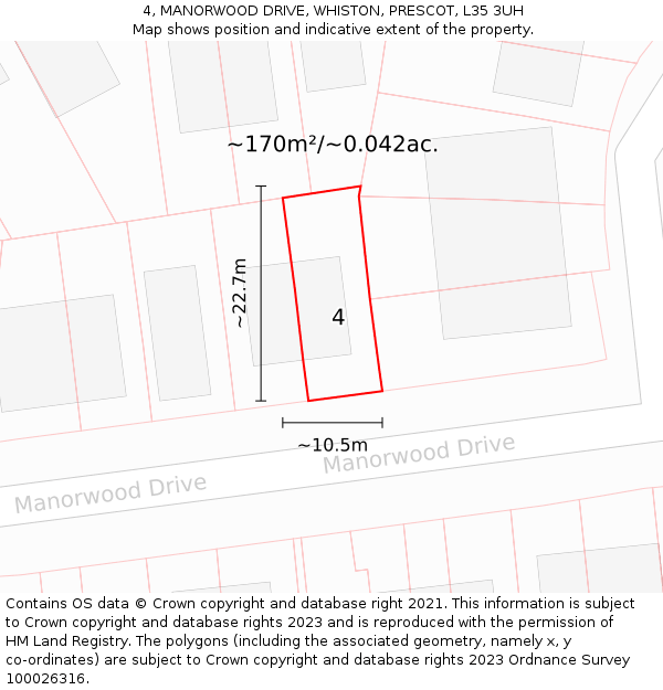 4, MANORWOOD DRIVE, WHISTON, PRESCOT, L35 3UH: Plot and title map