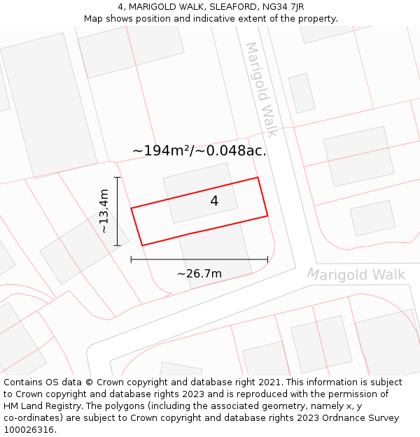 4, MARIGOLD WALK, SLEAFORD, NG34 7JR: Plot and title map