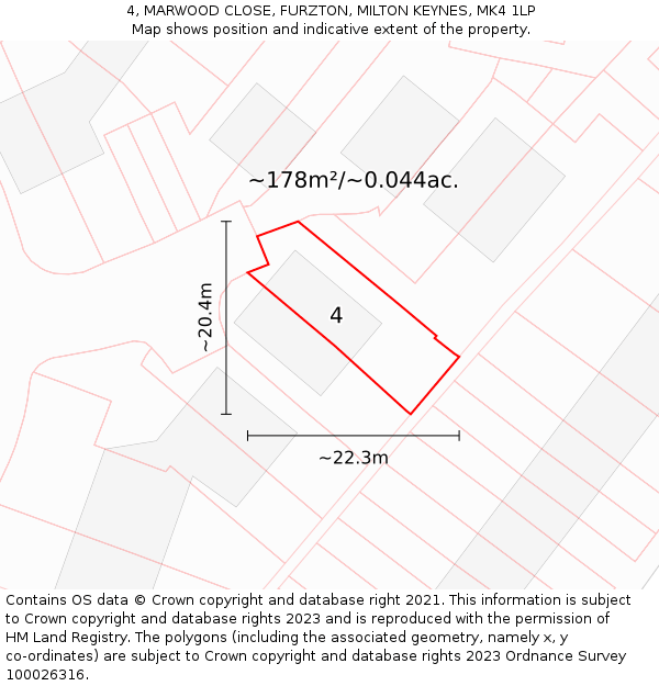 4, MARWOOD CLOSE, FURZTON, MILTON KEYNES, MK4 1LP: Plot and title map