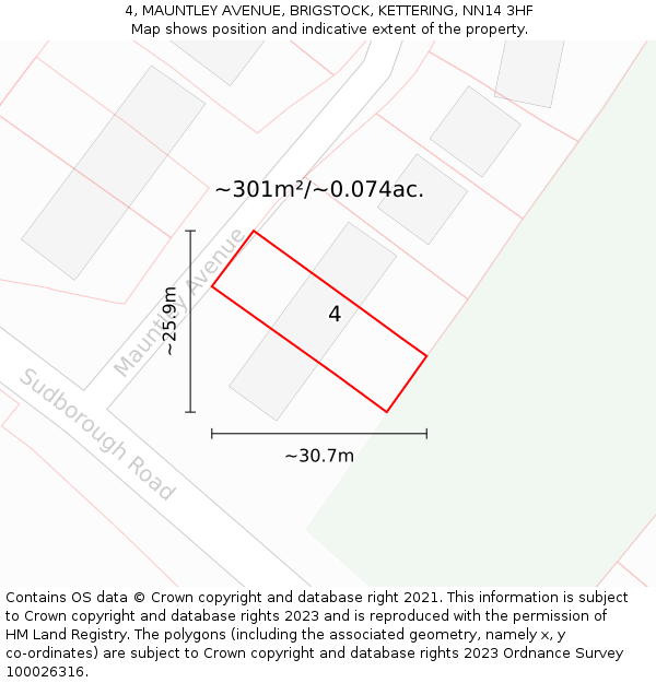 4, MAUNTLEY AVENUE, BRIGSTOCK, KETTERING, NN14 3HF: Plot and title map