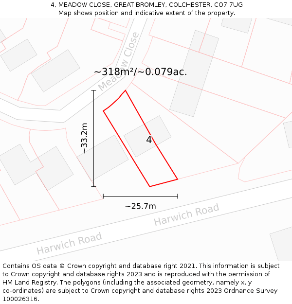 4, MEADOW CLOSE, GREAT BROMLEY, COLCHESTER, CO7 7UG: Plot and title map