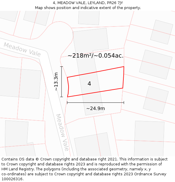 4, MEADOW VALE, LEYLAND, PR26 7JY: Plot and title map