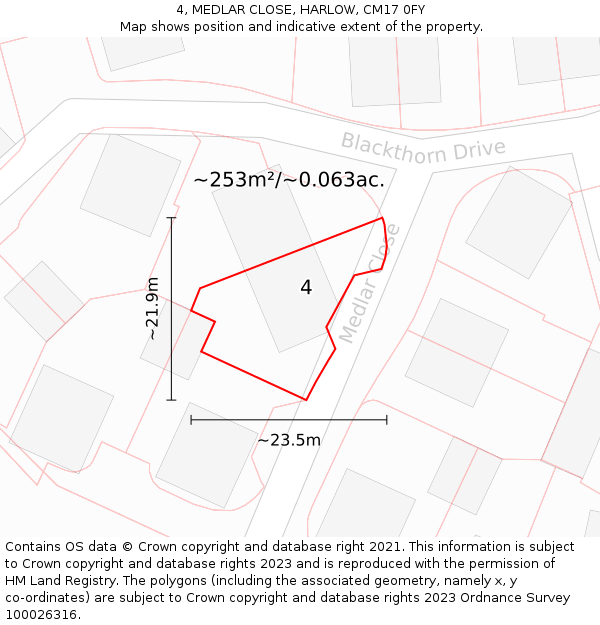 4, MEDLAR CLOSE, HARLOW, CM17 0FY: Plot and title map