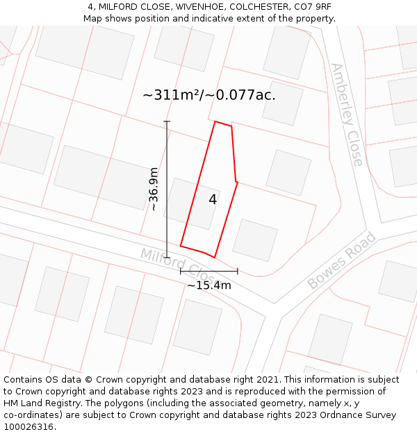 4, MILFORD CLOSE, WIVENHOE, COLCHESTER, CO7 9RF: Plot and title map