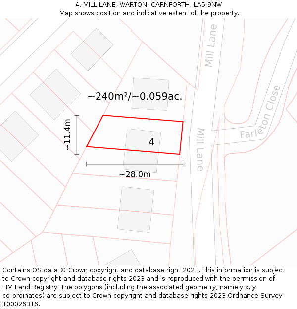 4, MILL LANE, WARTON, CARNFORTH, LA5 9NW: Plot and title map