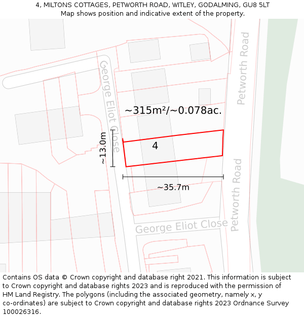 4, MILTONS COTTAGES, PETWORTH ROAD, WITLEY, GODALMING, GU8 5LT: Plot and title map