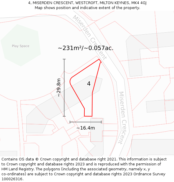 4, MISERDEN CRESCENT, WESTCROFT, MILTON KEYNES, MK4 4GJ: Plot and title map