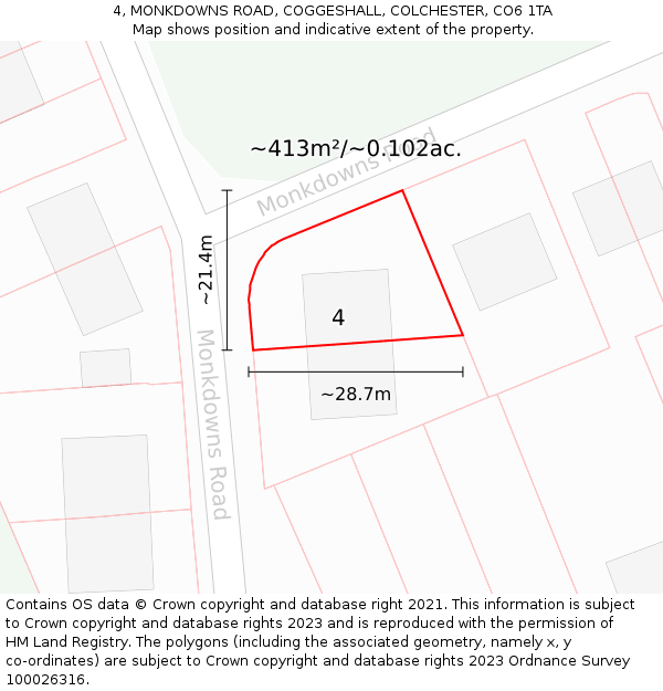 4, MONKDOWNS ROAD, COGGESHALL, COLCHESTER, CO6 1TA: Plot and title map