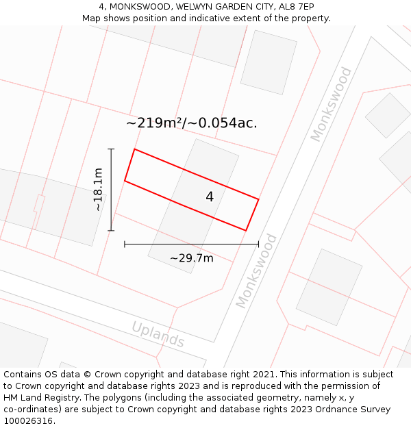 4, MONKSWOOD, WELWYN GARDEN CITY, AL8 7EP: Plot and title map