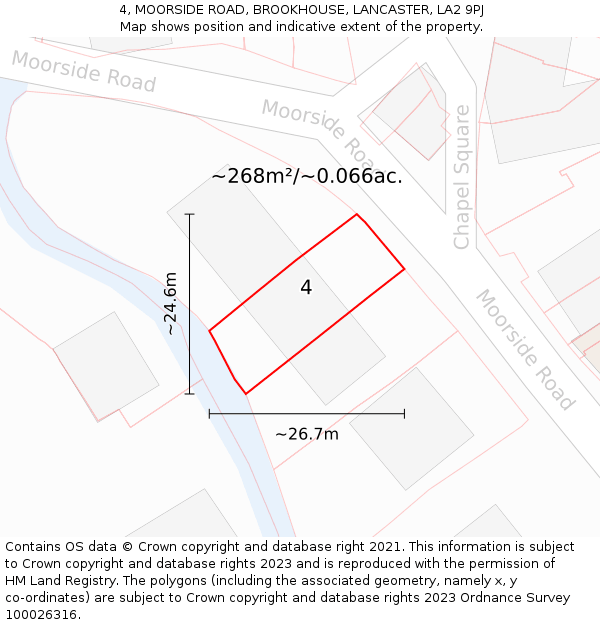 4, MOORSIDE ROAD, BROOKHOUSE, LANCASTER, LA2 9PJ: Plot and title map