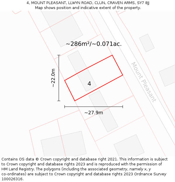 4, MOUNT PLEASANT, LLWYN ROAD, CLUN, CRAVEN ARMS, SY7 8JJ: Plot and title map